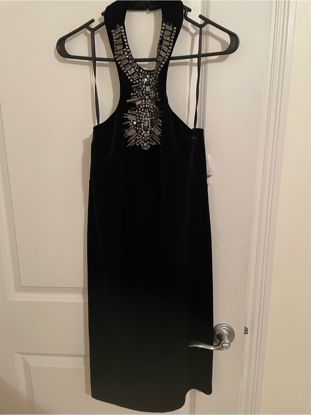 Laundry By Shelli Segal Black One-Shoulder Velvet Dress with Silver Beading